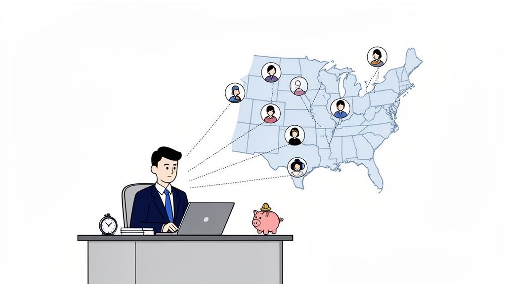 Businessman connects with clients nationwide from his desk with laptop and piggy bank.