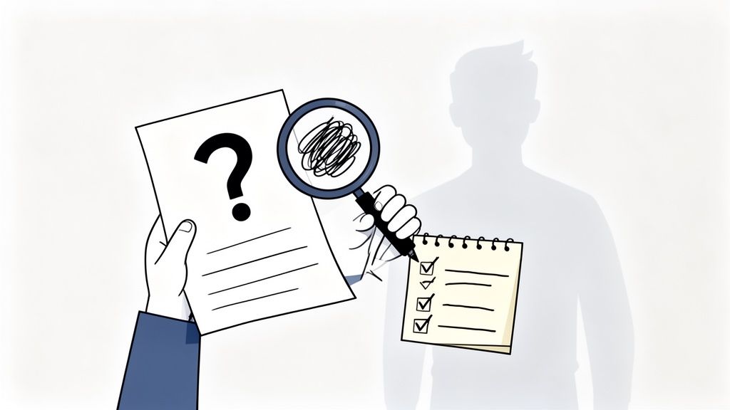 Hands examine a question document and a checklist with a magnifying glass, showing an interview process.