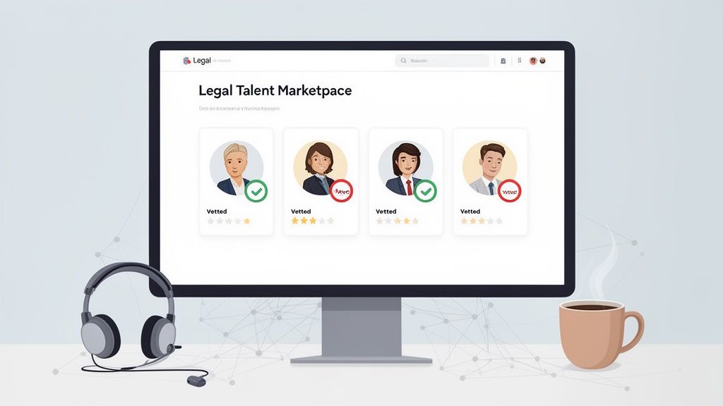 A computer monitor displays a legal talent marketplace website with professional profiles, headphones, and a coffee mug.