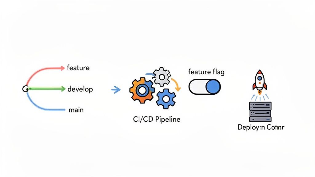 A software development workflow showing Git branches, CI/CD pipeline, feature flags, and deployment.