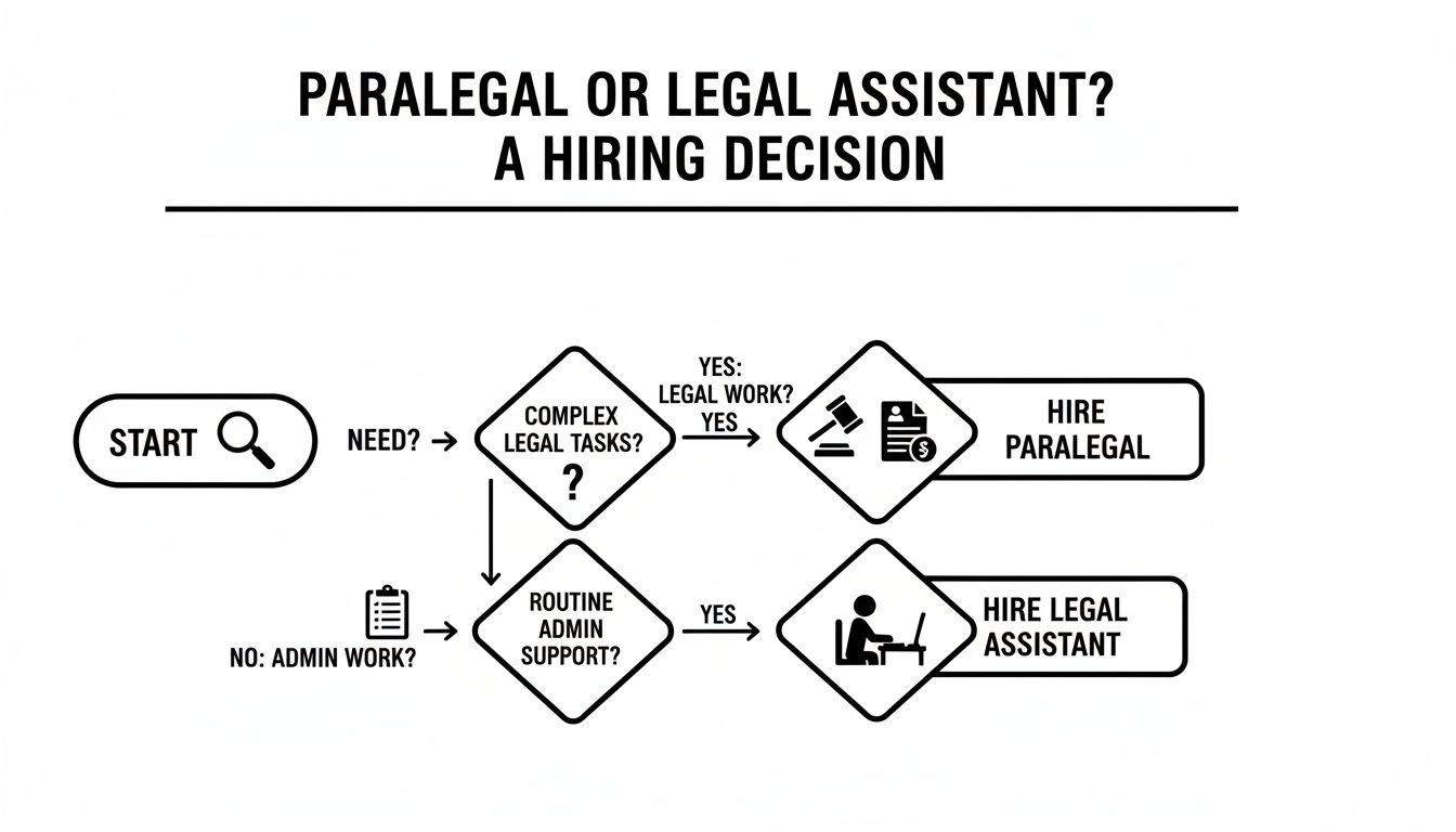 Flowchart illustrating the hiring decision for paralegals (complex legal tasks) or legal assistants (admin support).