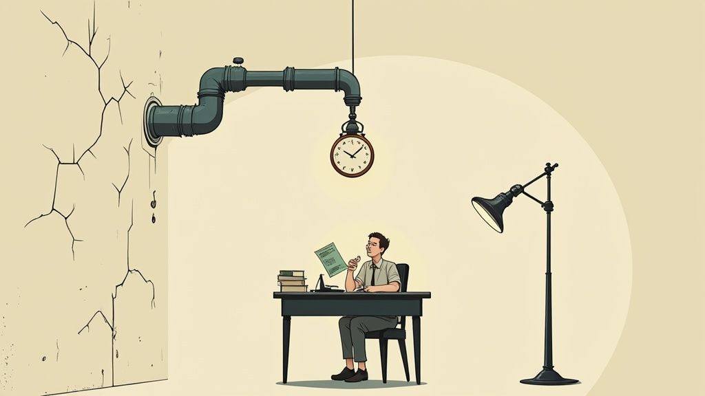 A man works diligently at a desk under a leaking pipe with a clock, symbolizing time pressure.