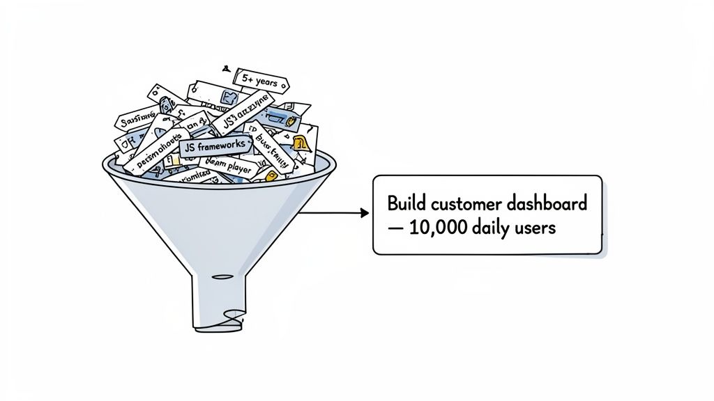 A funnel filled with various skill tags, leading to a box stating 'Build customer dashboard - 10,000 daily users'.