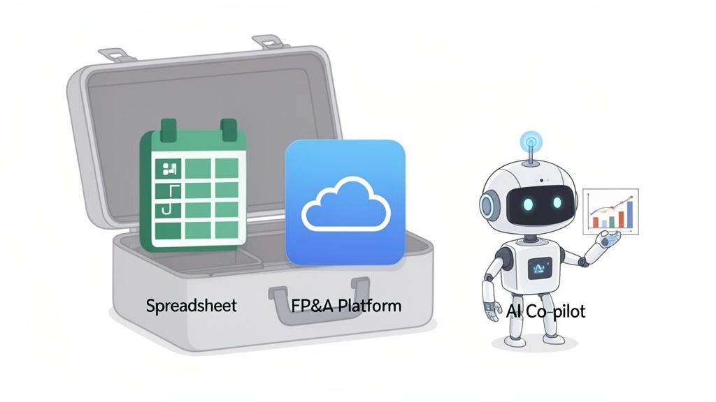 Illustration of financial planning and analysis tools: spreadsheet, FP&A platform, and AI co-pilot.