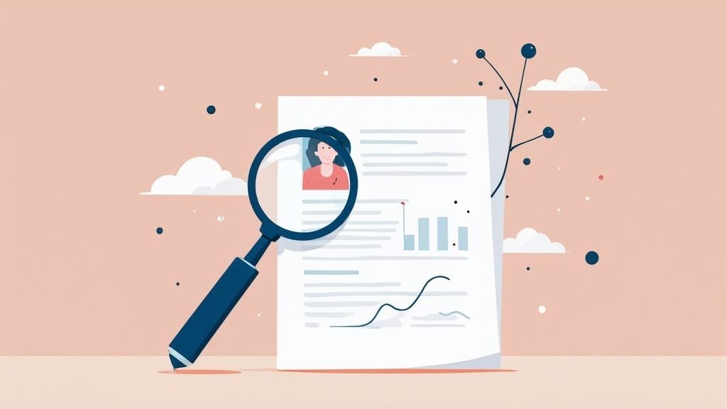 A magnifying glass inspecting a resume or CV, showing a profile picture, text, and charts.