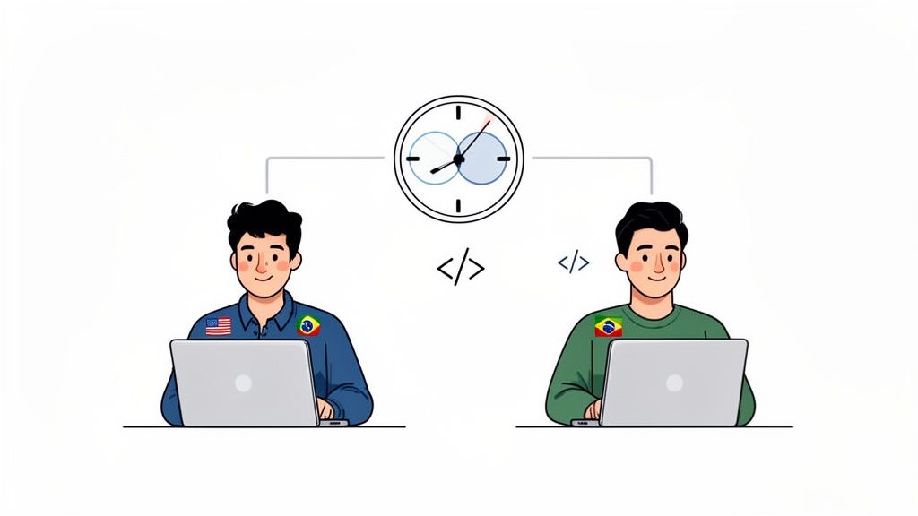 Two developers from US and Brazil collaborating on code, illustrating nearshore outsourcing and time zone management.