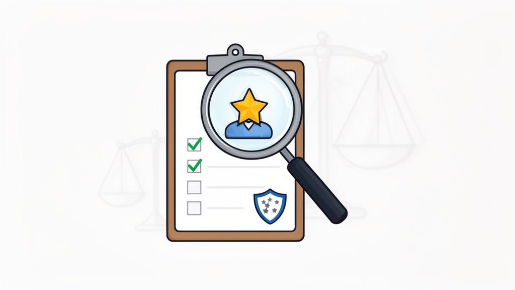 An illustration showing a magnifying glass over a starred person icon on a checklist with scales of justice.
