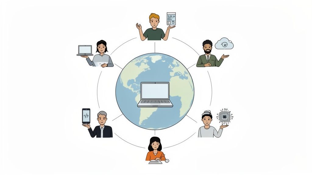 Diverse people globally collaborating on software development, connected to a central laptop and the world.