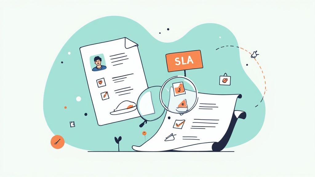 Illustration of documents being reviewed with a magnifying glass, including an SLA sign and checklist items.