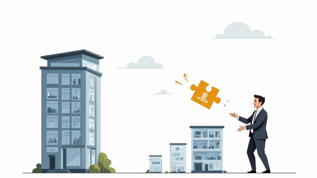 A businessman catches a talent puzzle piece, symbolizing company growth and expansion with buildings.