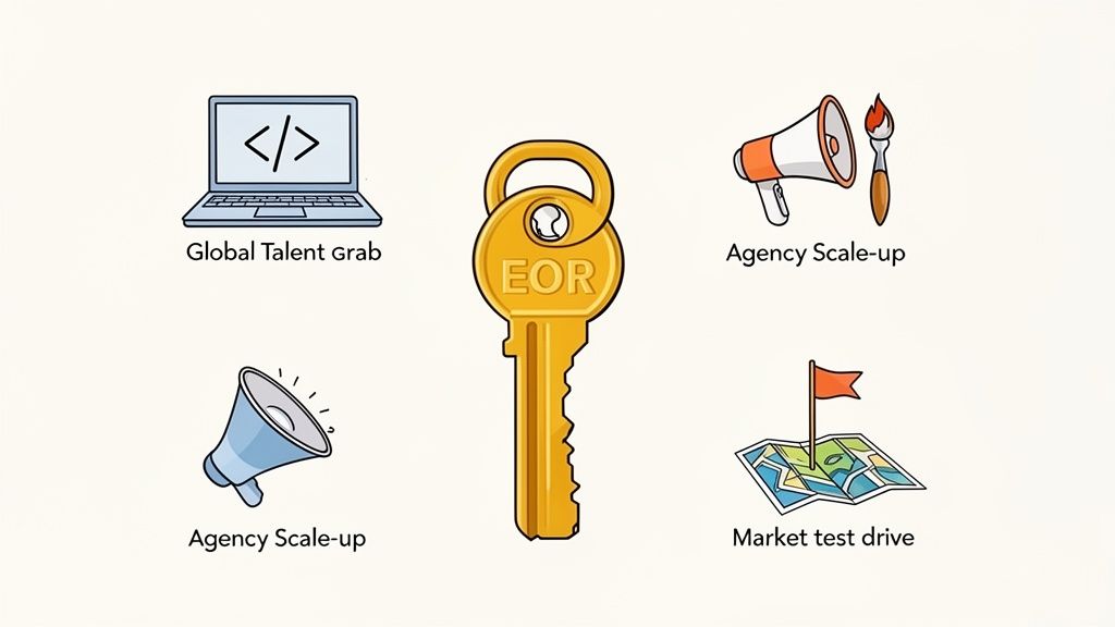 An EOR key surrounded by icons representing global talent grab, agency scale-up, and market test drive benefits.