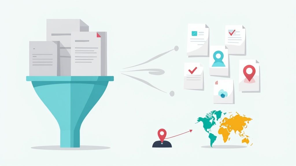 Documents processed through a funnel, then categorized and globally distributed on a world map.