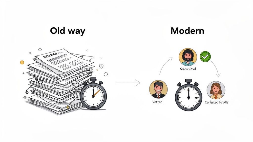 Comparison of old paper resume piles with modern, efficient digital candidate vetting and profiling.
