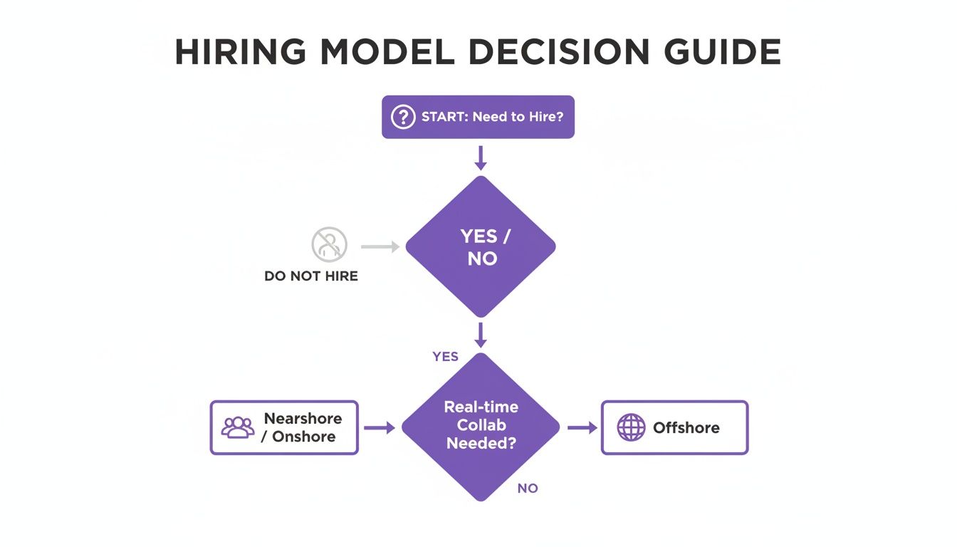 Flowchart illustrating a hiring model decision guide for nearshore, onshore, and offshore recruitment.