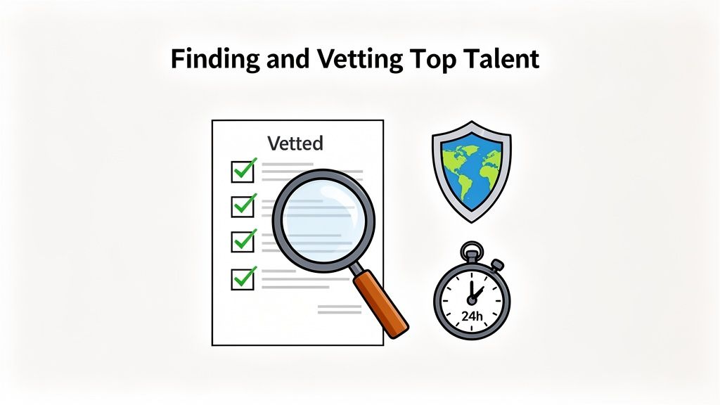 An illustration of finding and vetting top talent, showing a 'Vetted' checklist, magnifying glass, global shield, and a 24-hour stopwatch.