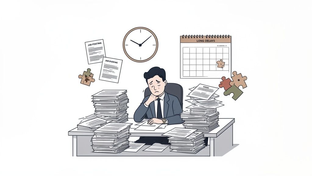 A stressed man at a desk overwhelmed with job postings, papers, a clock, and a 'long delays' calendar.