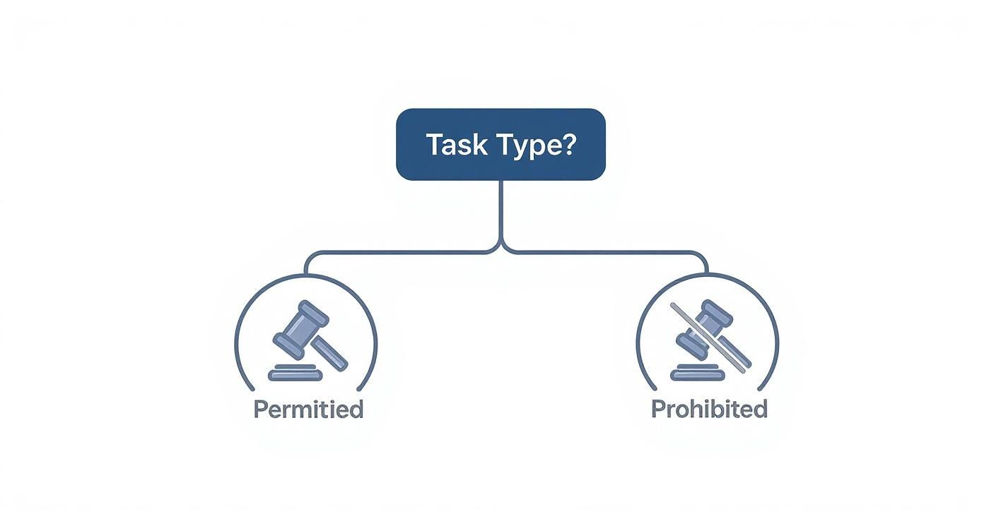 Decision tree diagram showing task type branching into permitted and prohibited legal categories with gavel icons