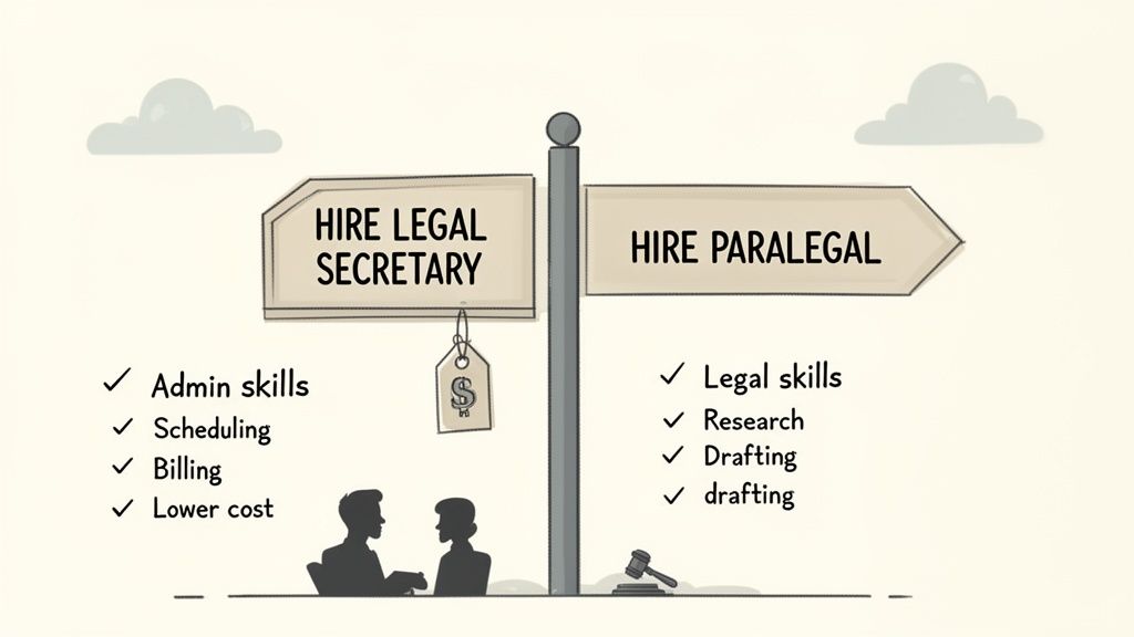 A diagram comparing the roles and benefits of hiring a legal secretary versus a paralegal.