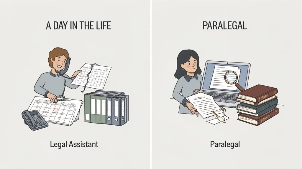 Illustrating the distinct daily tasks and responsibilities of a legal assistant versus a paralegal.