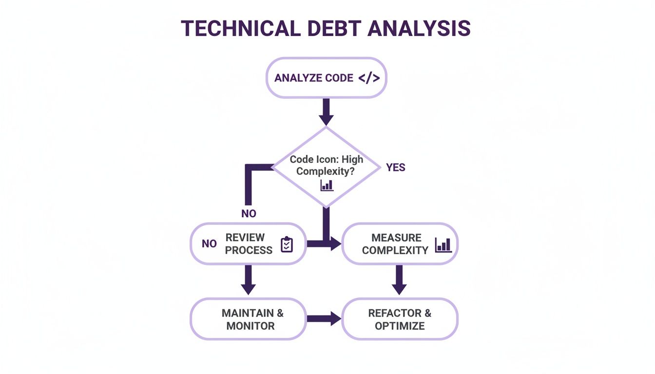 Flowchart illustrating the technical debt analysis process, from code analysis to refactoring and monitoring.