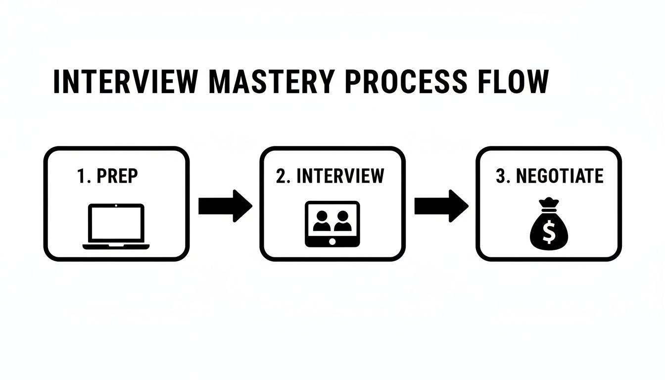 A clear diagram illustrating the 3-step interview mastery process: Prep, Interview, Negotiate.