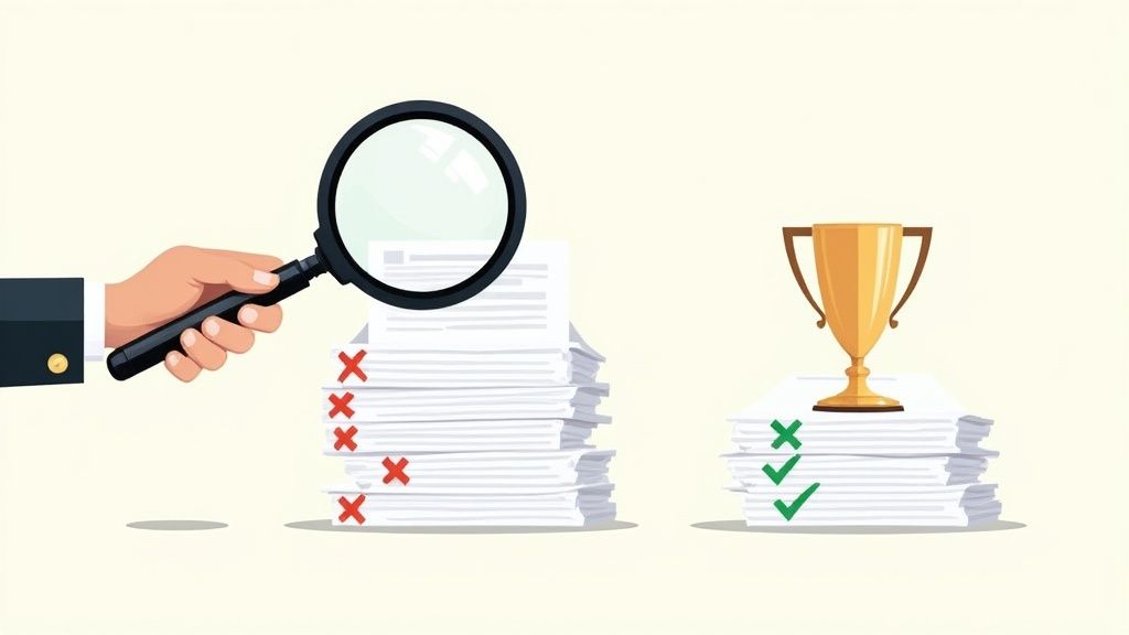 Hand with magnifying glass examining documents, showing rejected papers and approved papers with a trophy for quality.