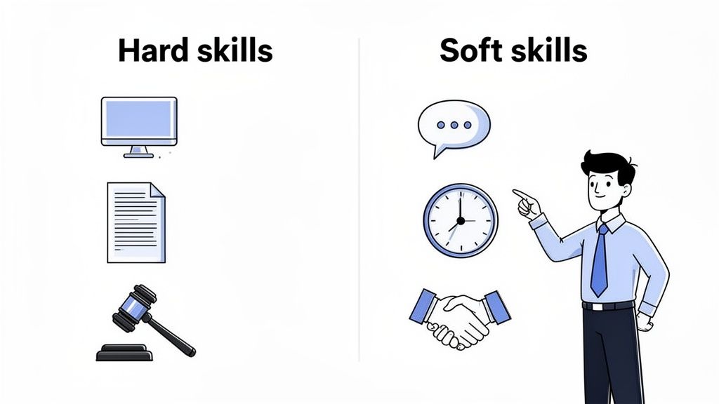 An illustration contrasting hard skills like computer, document, gavel with soft skills like communication, time, and teamwork.