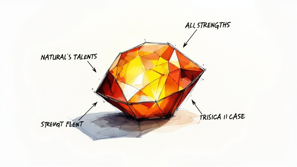 An illustration showing a magnifying glass focusing on a person's positive attributes and strengths, representing the concept of Strength-Based Feedback.
