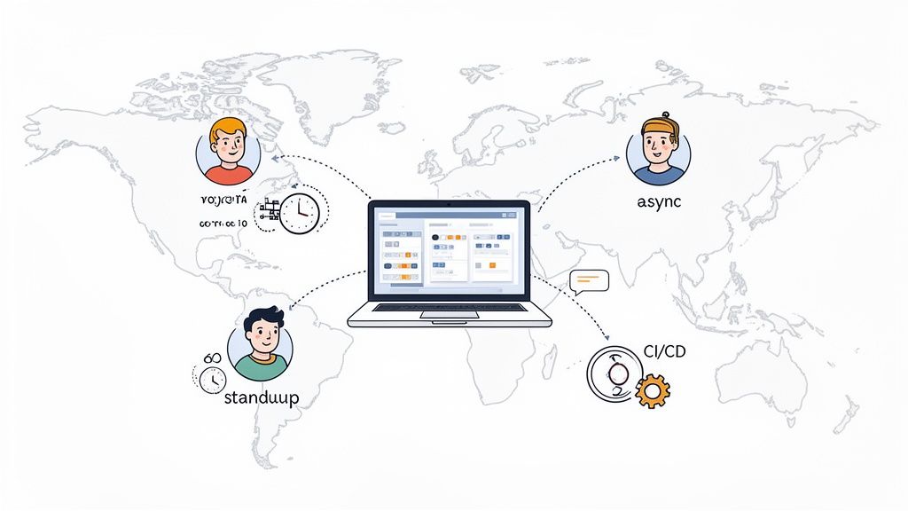 Illustration of global software development with remote teams, standups, async communication, and CI/CD.