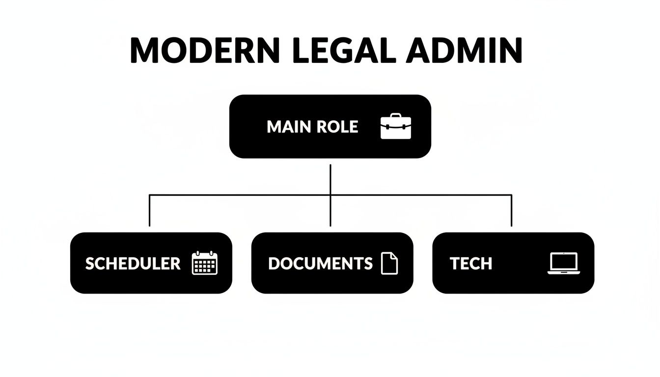 An organizational chart illustrating the modern legal admin role with branches for scheduler, documents, and tech.