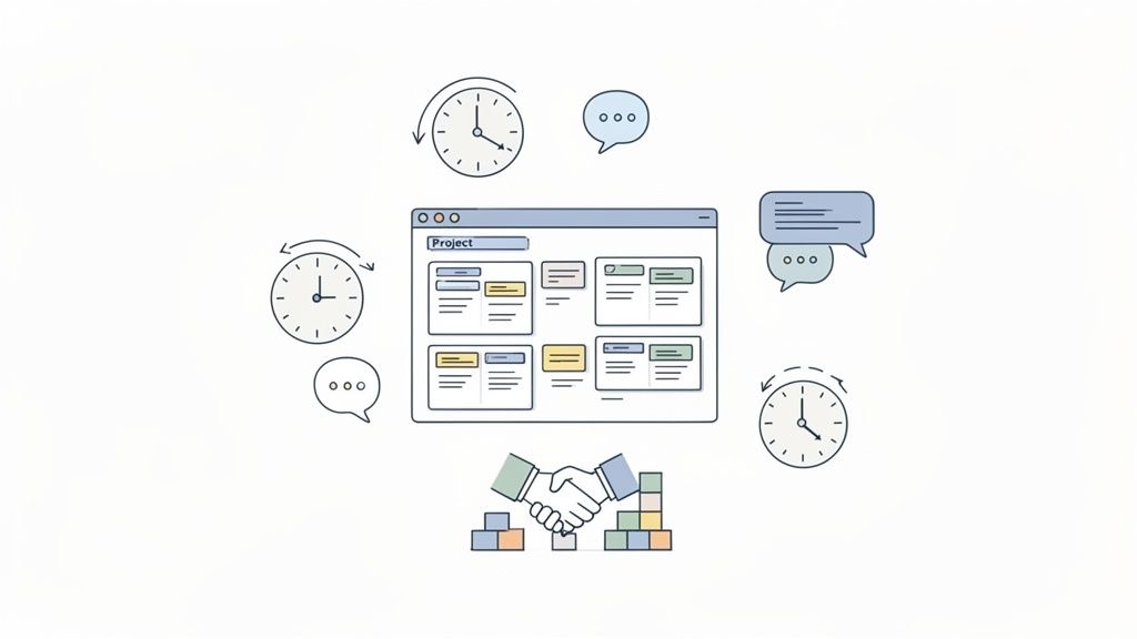 An illustration showing project management with a browser window, clocks, chat bubbles, and a handshake.