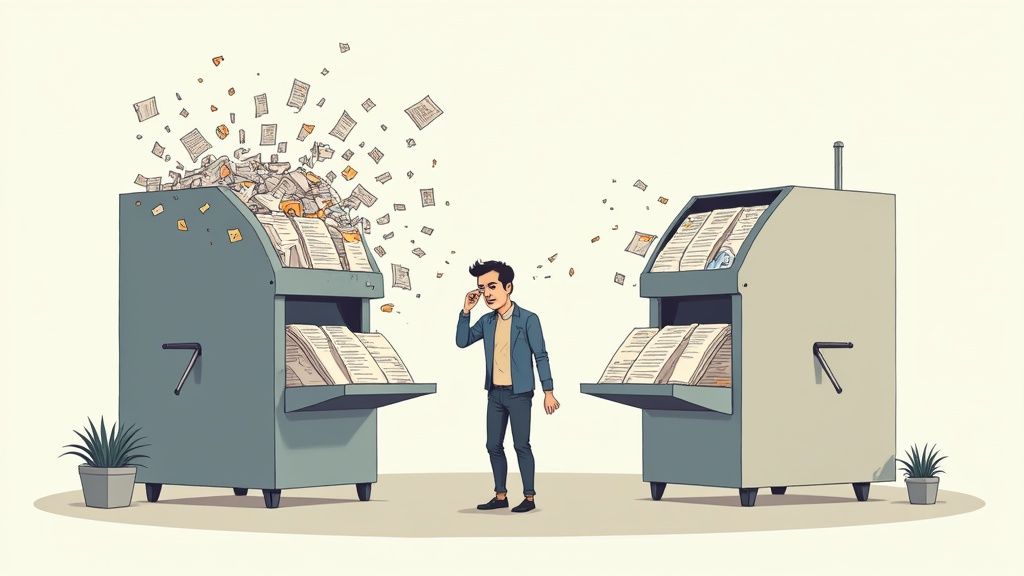 A person working on a laptop with a complex user interface on screen, representing the challenges of choosing recruitment software