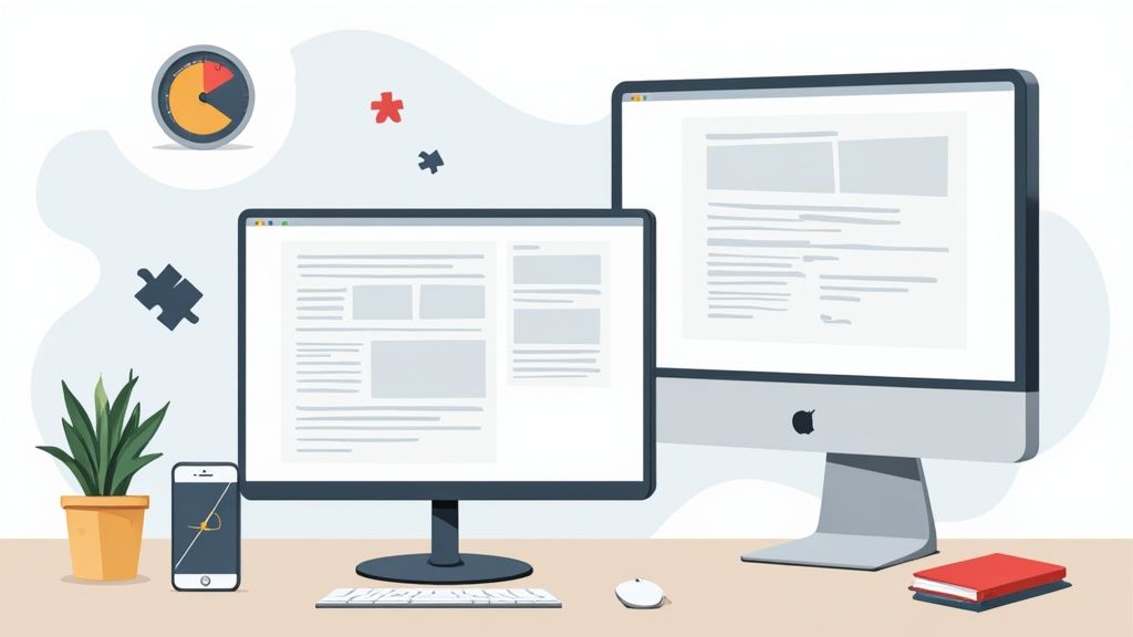Digital workspace with two monitors showing web layouts, a smartphone, and development tools.