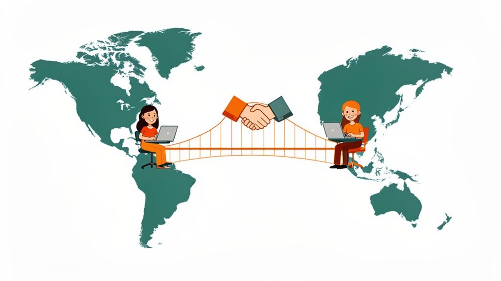 Two individuals on a world map connected by a bridge and a handshake, symbolizing global remote work and collaboration.