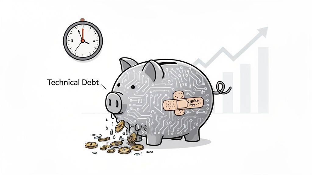 A cartoon piggy bank, 'Technical Debt', covered in circuits, leaks coins, patched with a 'quick fix' band-aid.