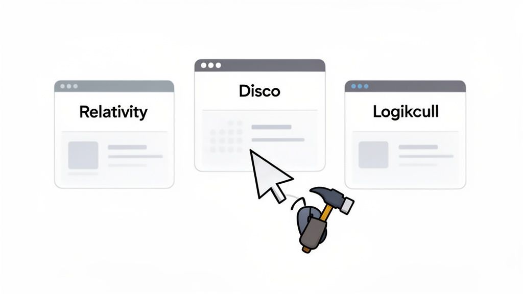 Three software windows titled Relativity, Disco, and Logikcull, with a cursor selecting Disco and a hammer hitting a computer mouse.