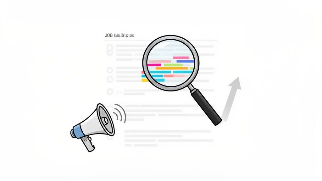 A magnifying glass inspects a job description document with colorful highlights, accompanied by a megaphone broadcasting, suggesting analysis and communication.