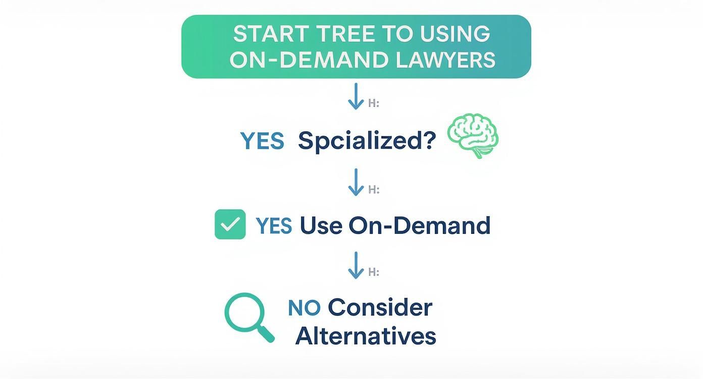 Decision tree flowchart showing when to use on-demand lawyers for specialized legal services