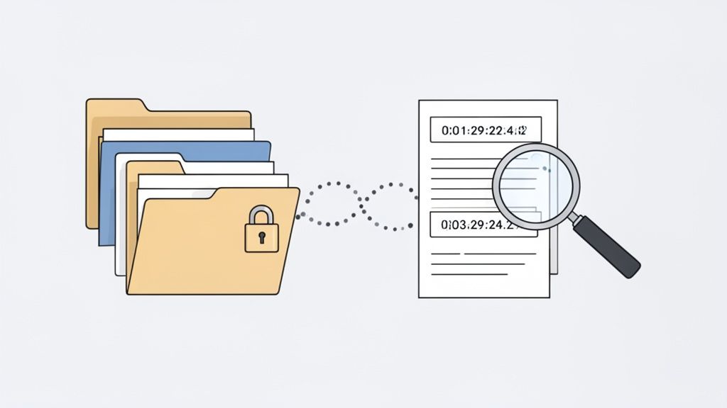 Illustration of secure document analysis, showing locked folders connected to a detailed document being examined.