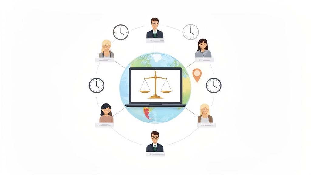An illustration showing legal professionals globally connected via a laptop with scales of justice, indicating freelance paralegal work across time zones.