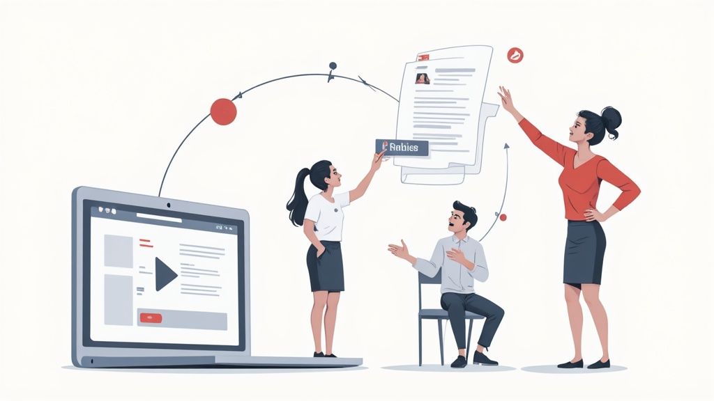 A team of legal professionals collaborating around a table with laptops and documents, bringing an SOP to life.