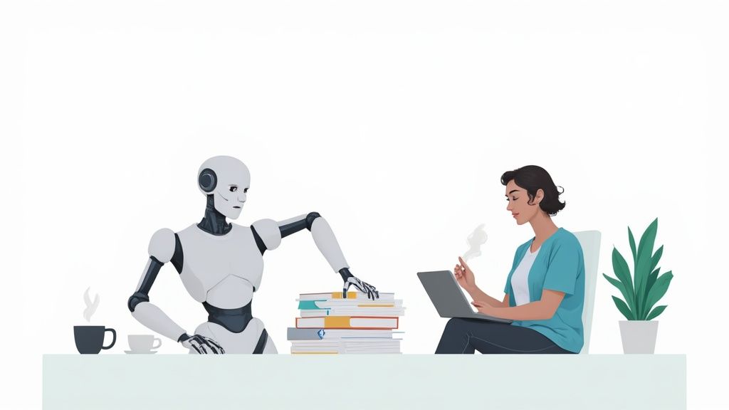 A sleek, modern image showing a robot hand and a human hand working together on a digital interface, symbolizing automation in HR.