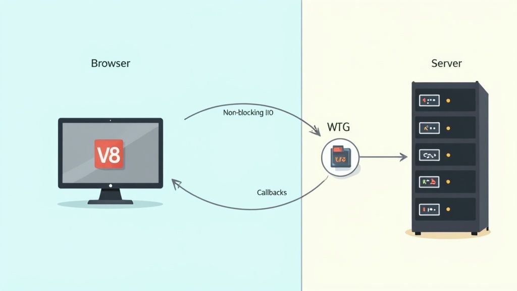 An abstract diagram showing server and browser icons, representing Node.js and JavaScript architectures