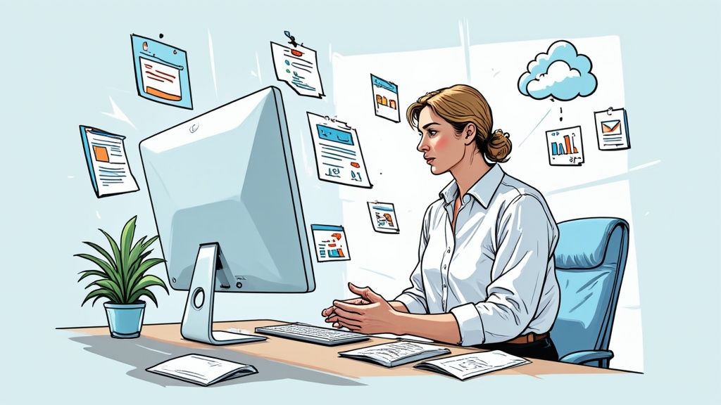 A paralegal using multiple screens and advanced legal software in a modern office.