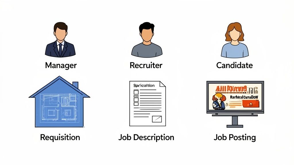 Icons representing key roles and documents in the hiring process.