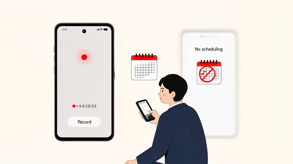 A man records a video on a smartphone, next to a calendar indicating no scheduling.