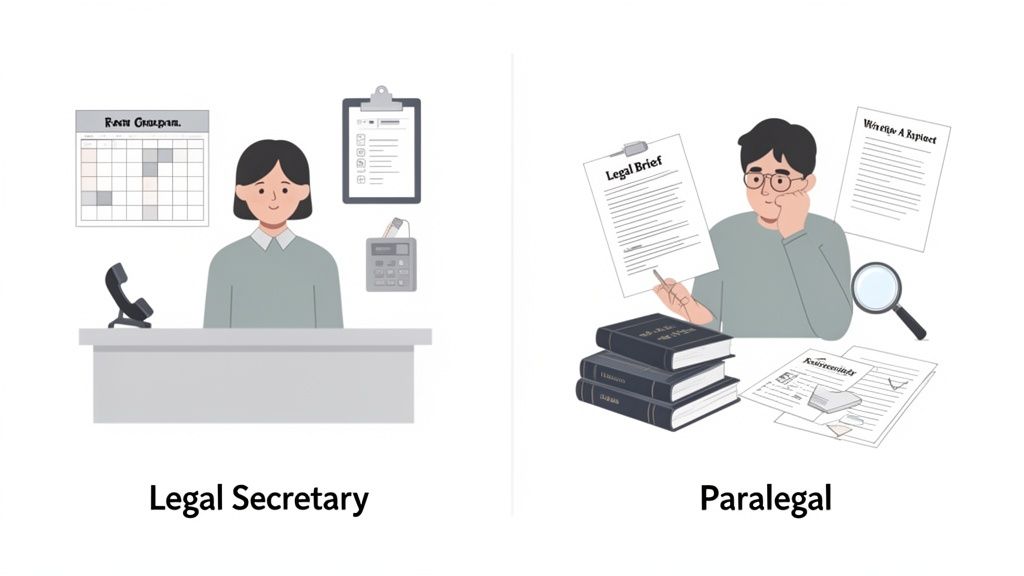 Illustration contrasting the distinct duties of a legal secretary and a paralegal in a legal setting.