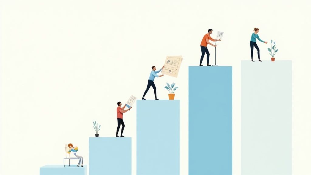 Illustration of a team building a business, with individuals contributing to growth stages.