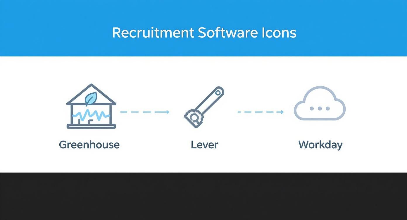 Infographic summarizing key recruitment software like Greenhouse, Lever, and Workday with simple icons.