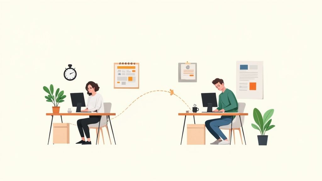 Two individuals working remotely on computers, connected by a paper plane, symbolizing long-distance collaboration.